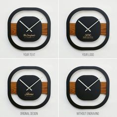 four different clocks with the same time displayed on each one's face and hands