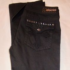 Affliction Los Angeles Jade Black Stud Cross Embroidered Bootcut Jeans Size 30 Nwt Affliction Women's Jade Black Bootcut Jeans Embroidered Stud And Cross Detail Size 30 Nwt Made Of 99% Cotton & 1% Spandex Vintage Boot Cut Perfect Fit Single Button & Zip Fly 2 Front Pockets Pyramid Stud Coin Pocket Custom Pyramid Stud Back Pockets With Embroidered Cross Detail Flap Button Closure Beautiful Buttons Affliction Los Angeles Style# 01bc124 Color: Black Out Please Note The Flash Makes The Jeans Lighter Miss Me Jeans Flared, Studded Clothes, Gothic Jeans, Affliction Jeans, Y2k Low Rise Jeans, 2000s Clothing, Black Bootcut Jeans, Cute Sweatpants, Embroidered Cross