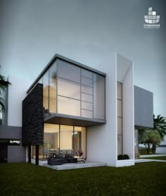 an architectural rendering of a modern house with large windows and grass in the front yard