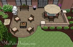 an aerial view of a patio and fire pit