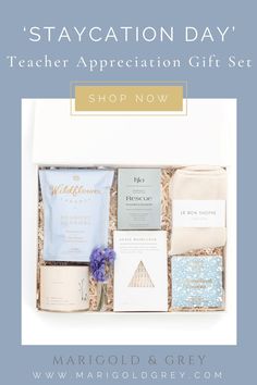 a gift box filled with tea, books and other items for teachers to use in their classroom