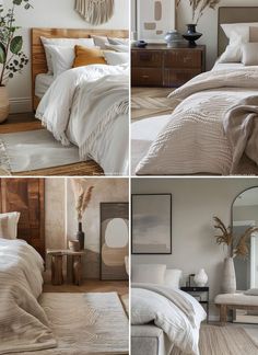 four different pictures of a bedroom with white linens and neutral colors, including bedding