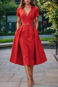 lapel button belt mid sleeve shirt dress 121138 Summer Office Dresses For Women, Summer Office Dress, Summer Office, Office Dresses For Women, Office Dresses, Fashion Color