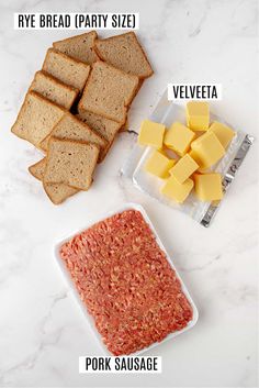 ingredients to make bread and cheese sandwiches on a white counter top with text overlay