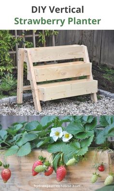 the diy vertical strawberry planter is made from wood and has strawberries growing on it