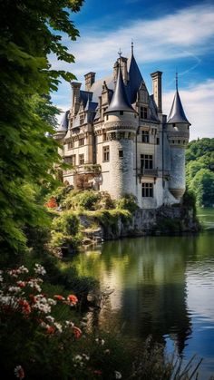 an old castle sitting on top of a hill next to a lake