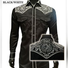 The Top Independent Brands For Top Quality Mens Clothing Including Well Made Printed Dress Shirts These Shirts Are 100% Made To Last & Be Worn Often To Accommodate Any Use You May Need It For. Embroidered Western Shirt Snap Button, Snap Pockets Look Stylish And Put Together In The Men's Western Embroidered Button Front Shirt. Long Sleeve Casual Shirt Western Style 55% Cotton, 45% Polyester Machine Wash Low Warm Iron Dry Clean Tumble Dry Do Not Bleach Western Dress Shirts Men, Black Embroidered Button-up Shirt, Black Embroidered Cotton Shirt, Western Black Button-up Shirt, Black Western Button-up Shirt, Western Style Black Button-up Shirt, Black Embroidered Long Sleeve Shirt, Mens Western Shirts, Embroidered Black Collared Shirt