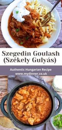 A plate with szegedin goulash with spaetzle on a wooden background. On top of the goulash there is a dollop of sour cream. At the bottom there is a saucepan fill of goulash on a blue kitchen towel. Pork And Sauerkraut Recipe, Pork Goulash, Pork And Sauerkraut, Hungarian Goulash, Hungarian Paprika, Sauerkraut Recipes, Pork Stew