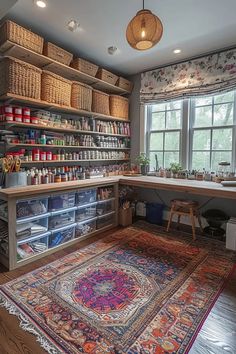 an area rug in the middle of a room with shelves full of crafting supplies