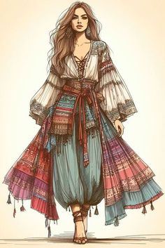 Bohemianism Fashion, Boho Fantasy Outfit, Boeheim Outfits, Bohemian Character Design, Desertcore Fashion, Romani Outfit Aesthetic, Gipsyland Outfit, Bohemian Inspired Outfits, Romani Outfit