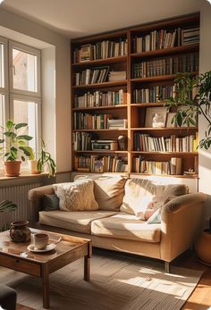 a living room filled with furniture and lots of bookshelves next to a window