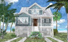 this is an artist's rendering of the front elevation of these beach house plans