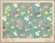 a painting of flowers on a green background with white border around the edges and pink, yellow, purple, and blue flowers