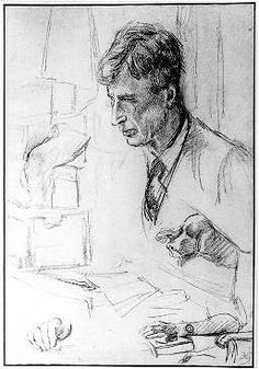 a black and white drawing of a man in a suit sitting at a desk with papers