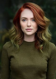 Brown And Coloured Hair, Ginger And Green Hair, Moss Green Hair, Green And Red Hair, Green Balayage, Red Green Hair, Red Hair Fade