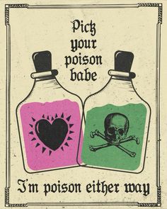 two bottles with skull and crossbones on them, one has a heart in it