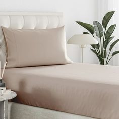 a bed with beige sheets and pillows next to a plant in a white walled room