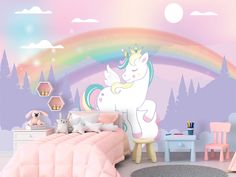 a child's bedroom decorated in pastel colors with a rainbow wall mural behind the bed