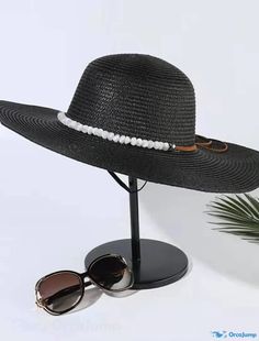 OrcaJump - Womens Summer Visor Hat with Bead Decorations, Sun Hat, Beach Straw Hat, Wide Brim Seaside Holiday Hat Adjustable Short Brim Hat For Pool, Casual Beaded Hats For Spring, Adjustable Black Hat For Vacation, Black Adjustable Hat For Vacation, Adjustable Black Crochet Hat For Beach, Adjustable Black Crochet Hat For The Beach, Casual Beaded Fedora Sun Hat, Beaded Summer Hats, One Size, Casual Beaded Hats For Beach Season