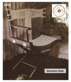 an old chair with a crocheted seat cover on it's back and the words director's chair written below