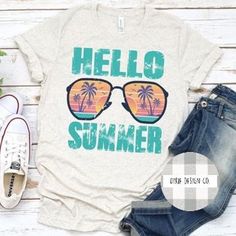 "❤️ITEM: Included is a \"Hello Summer\" t-shirt. ❤️SIZE: This is a unisex shirt. Please refer to size chart to find your desired size. ❤️TIME: Each item is made to order. Turn around time for production is on average a week from date of purchase unless otherwise noted. ❤️SHIPPING: Shipping timeline is 3-5 business days Due to COVID19, shipping times may take longer than usual. ❤️PERSONALIZATION: Would you like a different color? A different style shirt? Please message seller before purchasing. ❤ Custom Made T Shirts, Beach Tee, Summer Graphic Tee, Summer Sunglasses, Summer Tee, Vacation Shirts, Hello Summer, Beach Shirts, Summer Tshirts