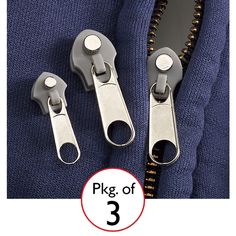 three zippers are shown with the text pkg of 3 in front of them