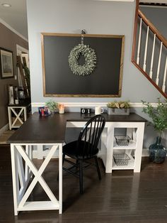 a desk with two chairs and a chalkboard on the wall