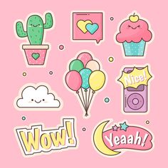 various stickers that say wow yeah and have cactus, cupcakes, stars, moon