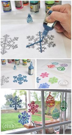 snowflakes are being used to decorate the tablecloth with markers and glues