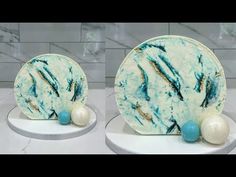 two pictures of marble with blue and white balls on them, one is round the other is round