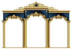 an ornate gold and blue arch on a white background with clippings for text