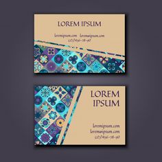 two business cards with blue and yellow designs