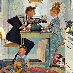 an illustration of a man and two children sitting at a kitchen table with a teddy bear