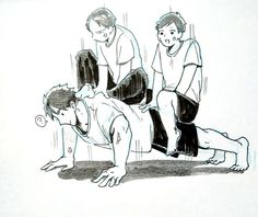 a drawing of three people in bed with one person on the ground and another man lying down