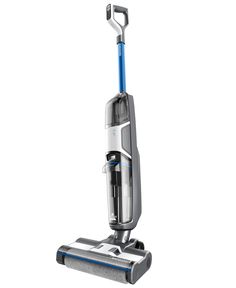 a silver and blue vacuum on a white background