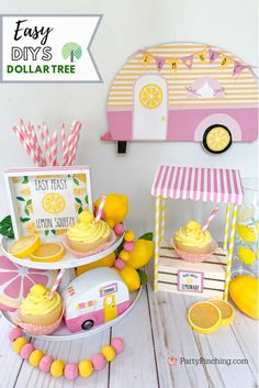 a table topped with cupcakes and lemonade next to a sign that says dollar tree diy's