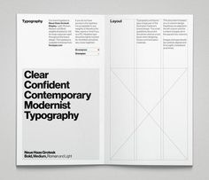 an open book with black and white text on the front cover, inside pages spread out to show information about contemporary typograph