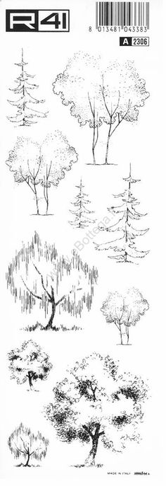 some trees are drawn in black and white on a sheet of paper with barcodes