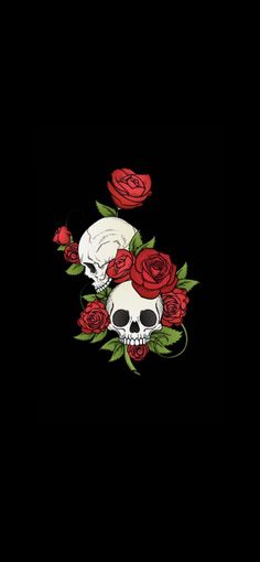 two skulls with roses on their heads and one skull in the middle, against a black background