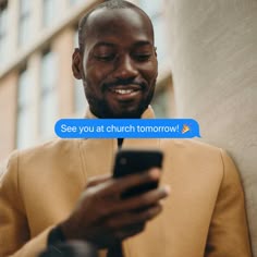 a man looking at his cell phone with the text see you at church tomorrow