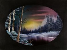 a painting of trees and water in the night with an aurora light behind them on a black background