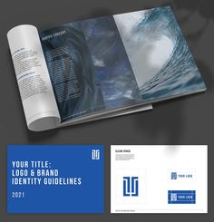 a brochure with an image of a wave in the ocean and text that reads your title, logo & brand identity guidelines