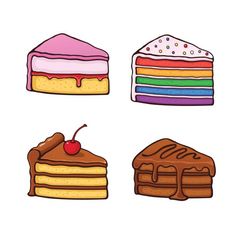 four different types of cakes on a white background