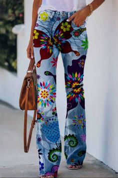 High Rise Flare Pants, Casual Sweatpants, Pola Sulam, Loose Trousers, Floral Butterfly, Printed Jeans, Pants Womens, Loose Pants, Floral Pants