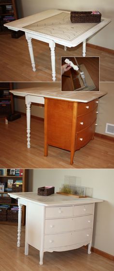 the before and after shots show how to paint an old table with white paint on it