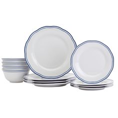 white and blue dinnerware set with stripes on the rims, in various sizes