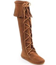 Minnetonka Women's Hardsole Suede Fringe Tall Lace Up Boots | Dillard's High-top Suede Boots With Laces, Casual Leather Boots With Tassels, Suede Round Toe Boots With Laces, Suede Boots With Laces And Round Toe, Brown Suede Lace-up Boots, Suede Lace-up Boots With Round Toe, Fall Flat Heel Moccasins With Suede Lining, Western Suede Boots With Tassels, Fall Lace-up Boots With Suede Lining