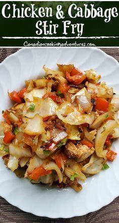 chicken and cabbage stir fry on a white plate with text overlay that reads chicken and cabbage stir fry