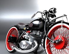 a black and red motorcycle parked on top of a gray floor