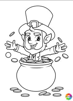 a lepreite with coins coming out of the pot coloring pages for kids and adults